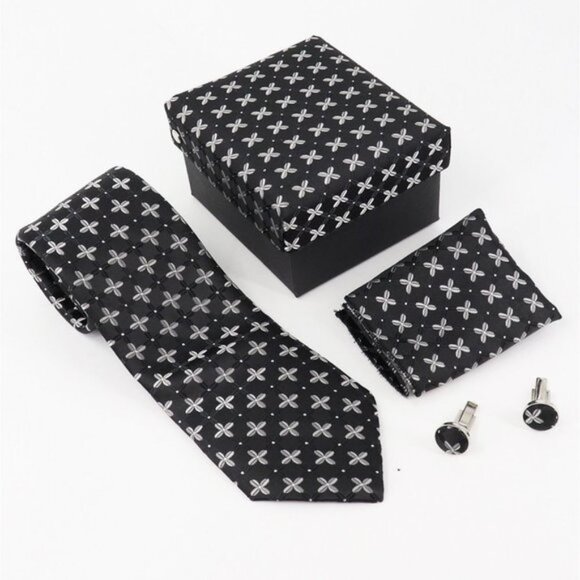 NEW 3-Pc Boxed Gift Tie Set Coordinated Print Cuff Links Pocket Square - Picture 1 of 8